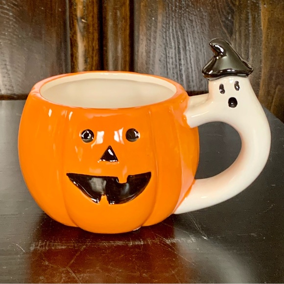 Jack O’Lantern with Ghost Witch Handle Ceramic Halloween Mug - Picture 1 of 8
